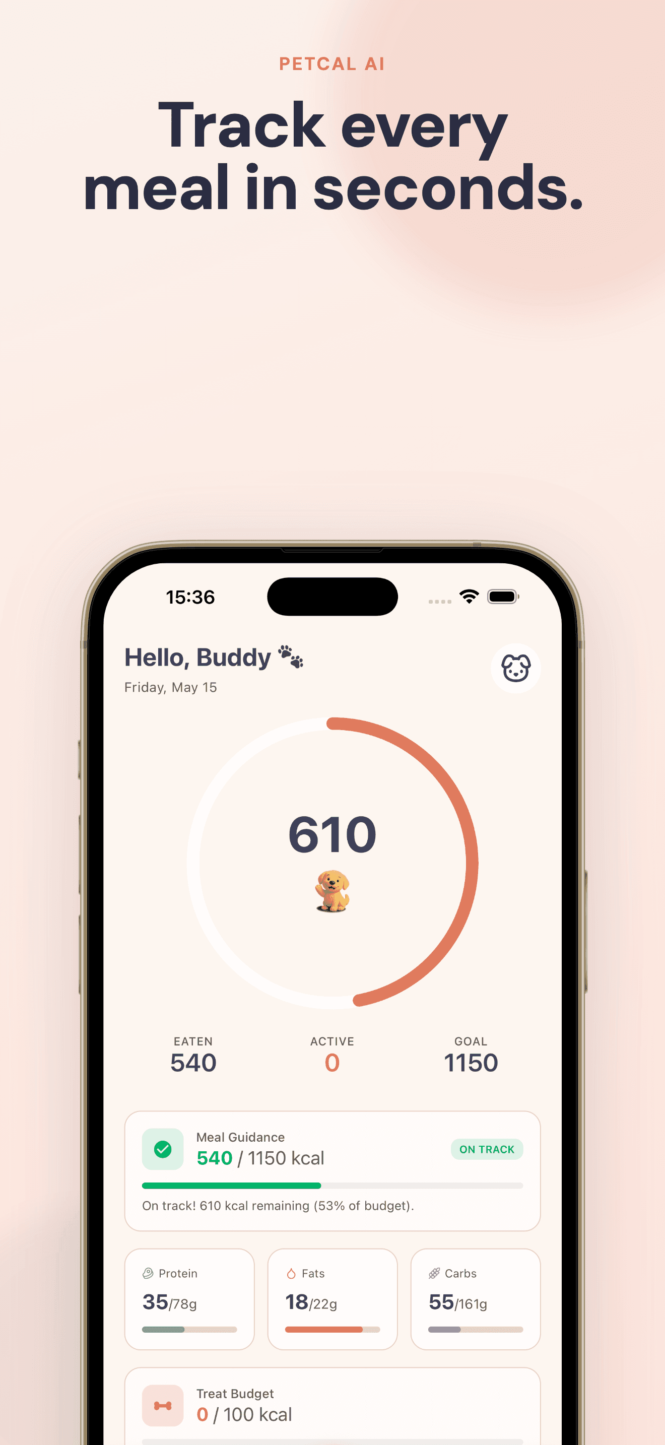 PetCal Home — daily calorie ring, pet profile, and meal log