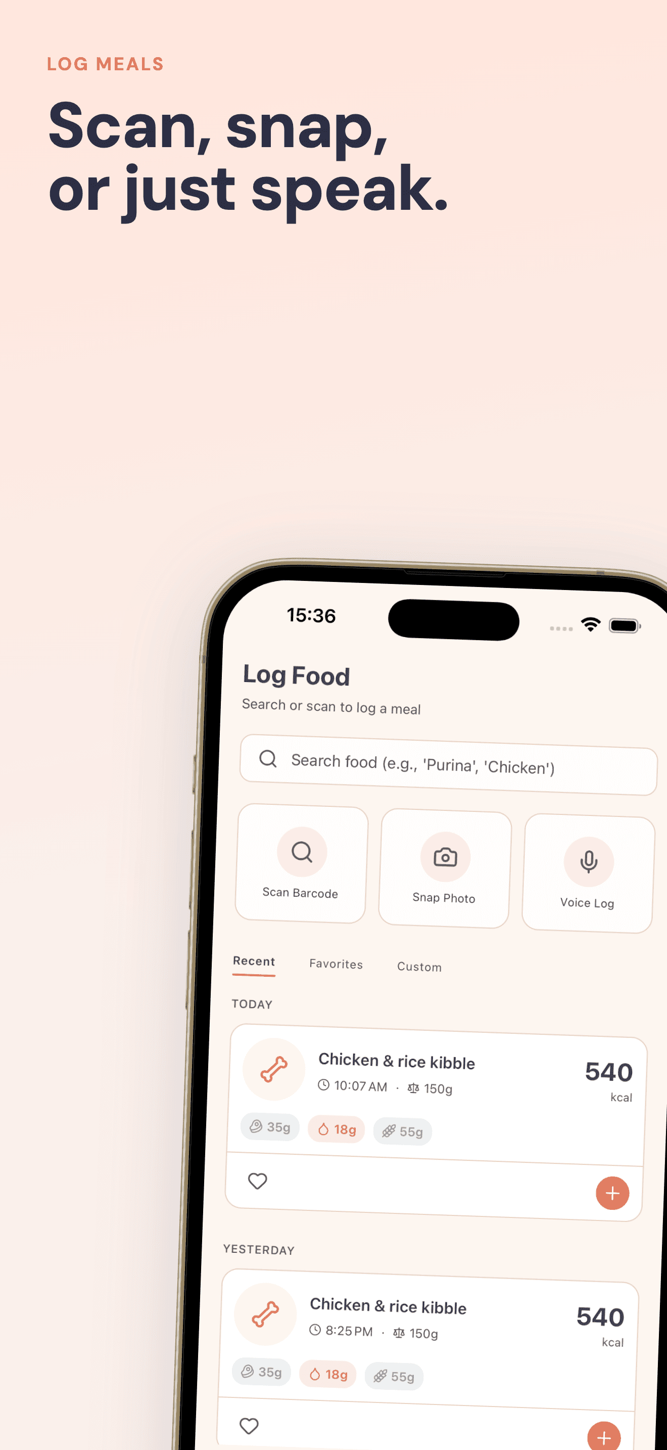 PetCal meal logging — kibble, wet food, treats, and portions
